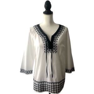 Charter Club White Boho Tunic Top Black Embroidery Peasant Blouse Size Medium